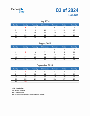 Canada Quarter 3  2024 calendar template