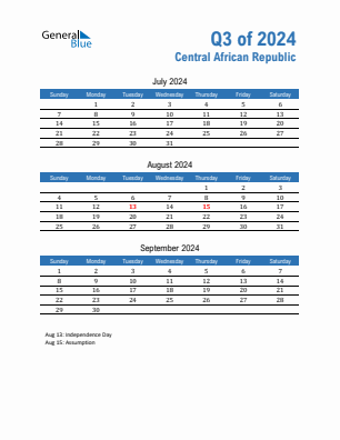 Central African Republic Quarter 3  2024 calendar template