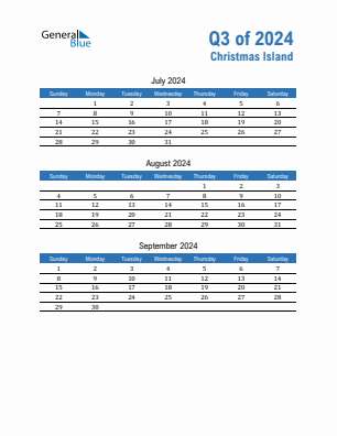 Christmas Island Quarter 3  2024 calendar template