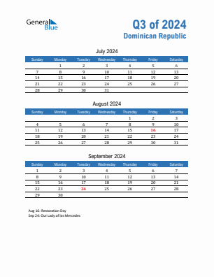 Dominican Republic Quarter 3  2024 calendar template