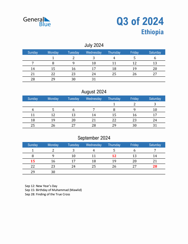 Ethiopia 2024 Quarterly Calendar with Sunday Start