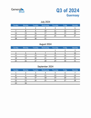 Guernsey Quarter 3  2024 calendar template
