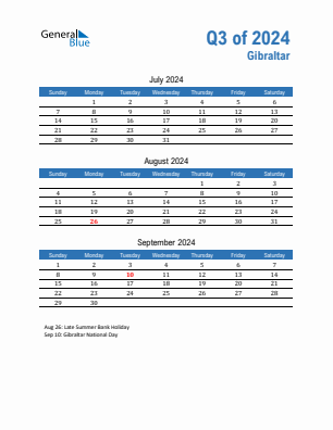 Gibraltar Quarter 3  2024 calendar template