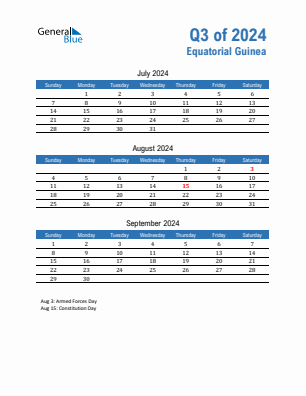 Equatorial Guinea Quarter 3  2024 calendar template