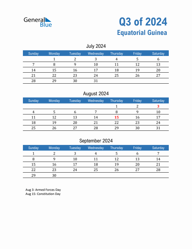 Equatorial Guinea 2024 Quarterly Calendar with Sunday Start