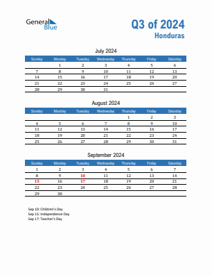 Honduras Quarter 3  2024 calendar template