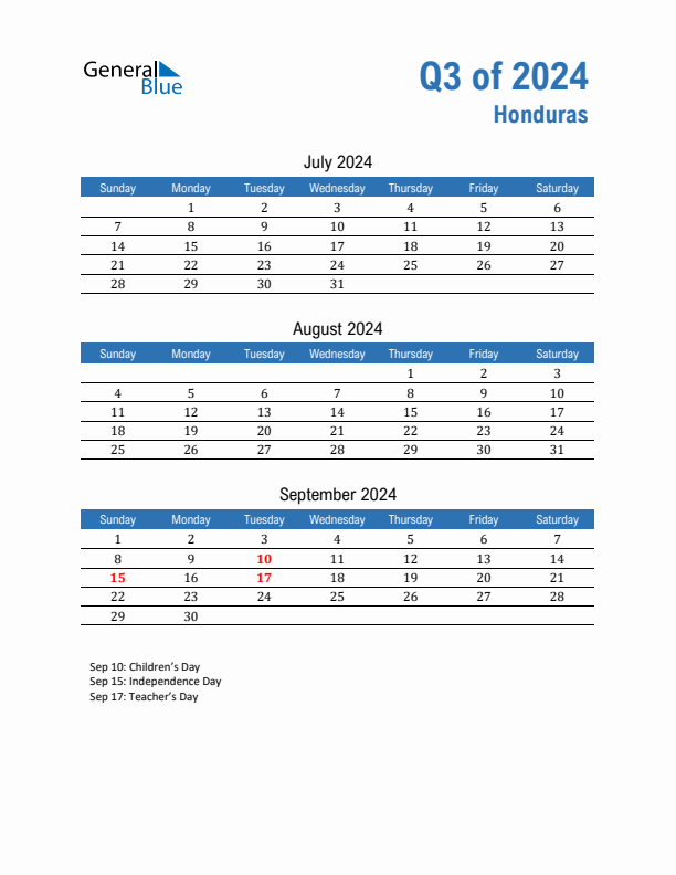 Honduras 2024 Quarterly Calendar with Sunday Start