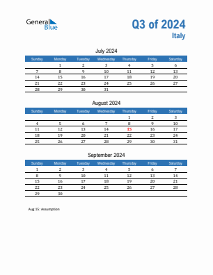 Italy Quarter 3  2024 calendar template
