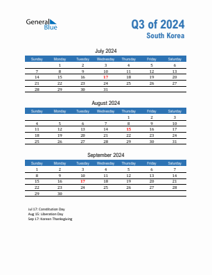 South Korea Quarter 3  2024 calendar template