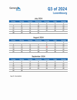 Luxembourg Quarter 3  2024 calendar template