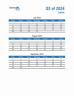 Latvia Quarter 3  2024 calendar template
