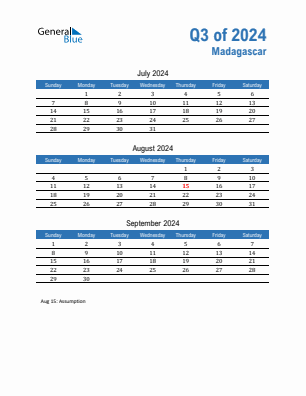 Madagascar Quarter 3  2024 calendar template
