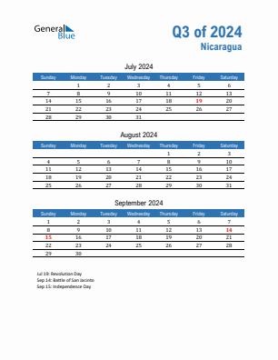 Nicaragua Quarter 3  2024 calendar template