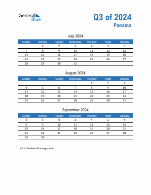 Panama Quarter 3  2024 calendar template