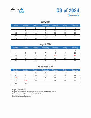 Slovenia Quarter 3  2024 calendar template