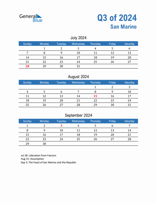 San Marino 2024 Quarterly Calendar with Sunday Start