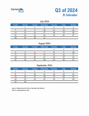 El Salvador Quarter 3  2024 calendar template