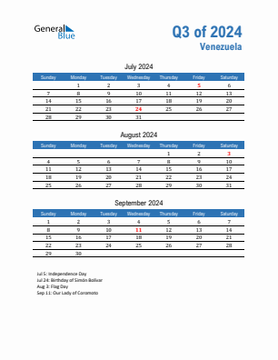 Venezuela Quarter 3  2024 calendar template