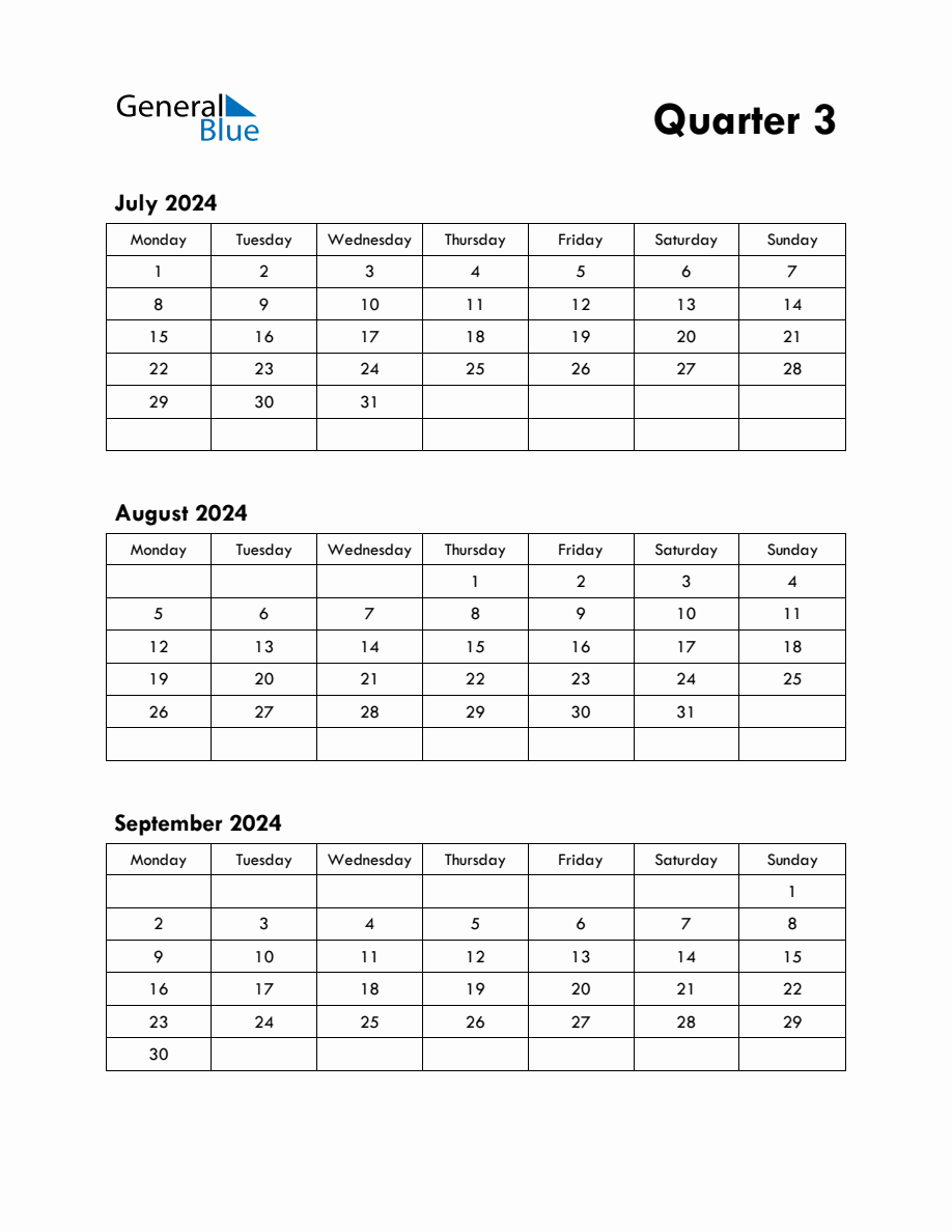 Quarter 3 2024 Calendar with Monday Start