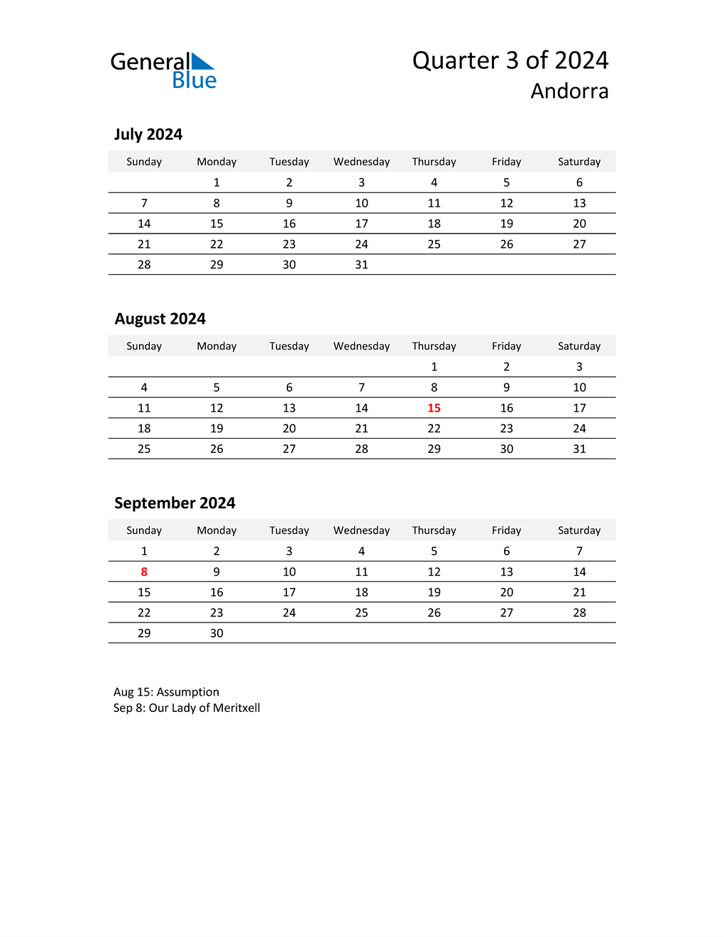  2024 Three-Month Calendar for Andorra