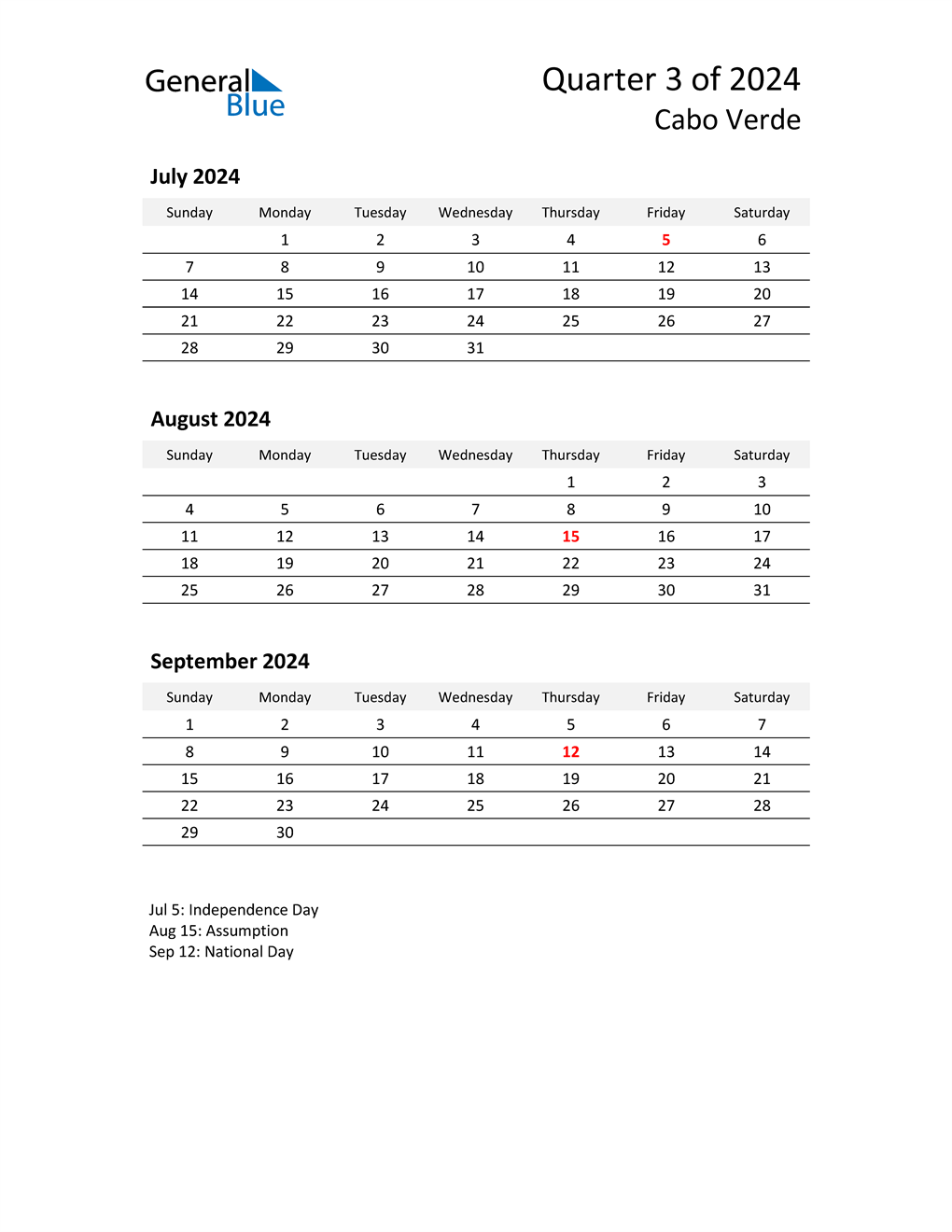  2024 Three-Month Calendar for Cabo Verde