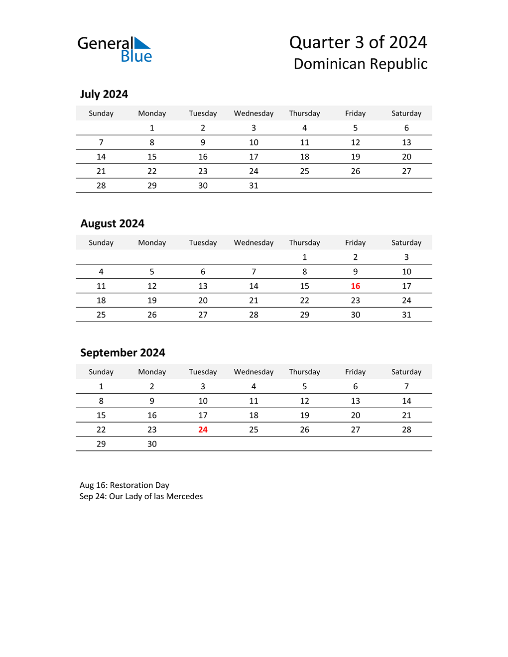  2024 Three-Month Calendar for Dominican Republic