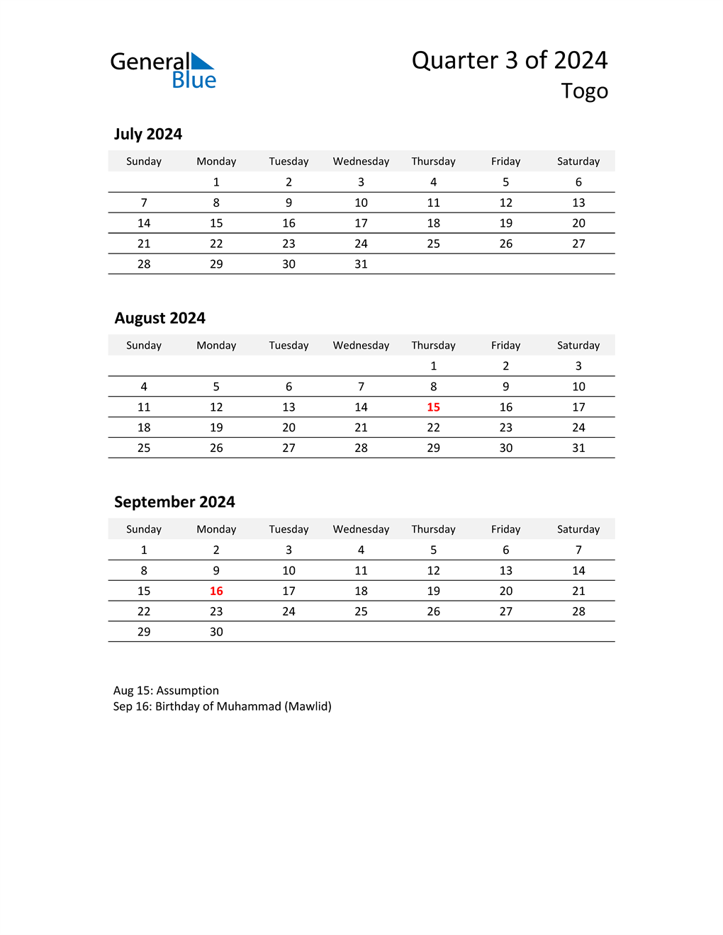  2024 Three-Month Calendar for Togo