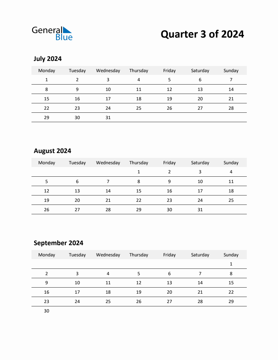 2024 Q3 ThreeMonth Calendar (July, August, and September)