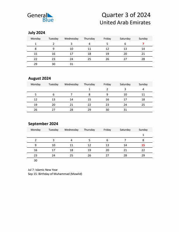 2024 Three-Month Calendar for United Arab Emirates