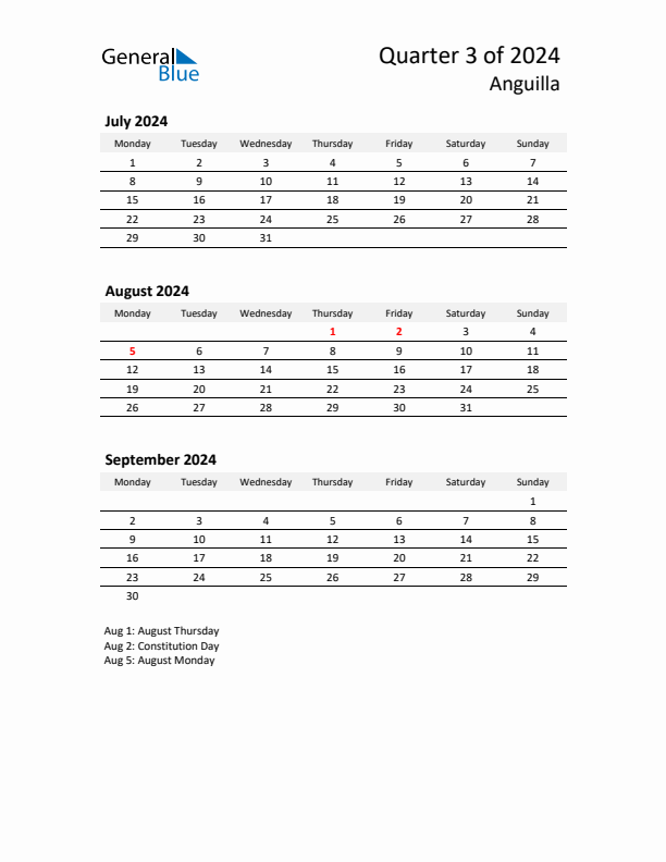 2024 Three-Month Calendar for Anguilla