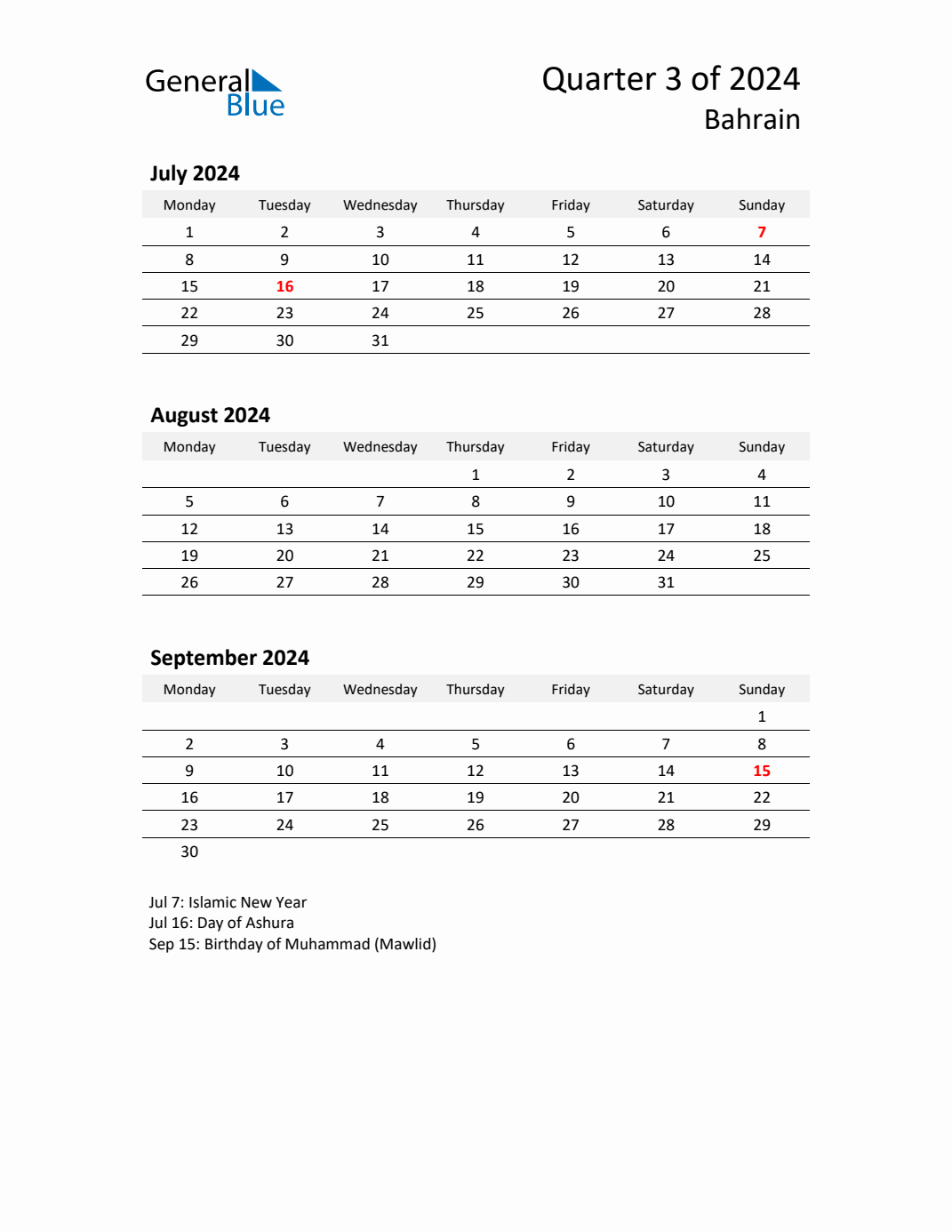 Q3 2024 Monday Start Quarterly Calendar with Bahrain Holidays
