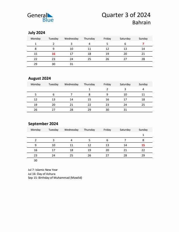 2024 Three-Month Calendar for Bahrain
