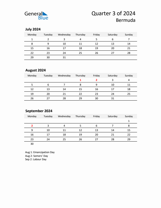 2024 Three-Month Calendar for Bermuda