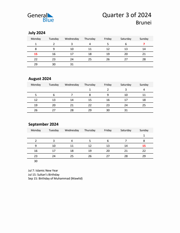 2024 Three-Month Calendar for Brunei