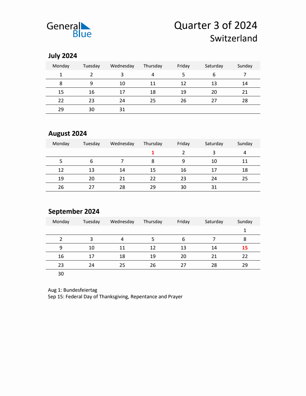 Q3 2024 Monday Start Quarterly Calendar with Switzerland Holidays