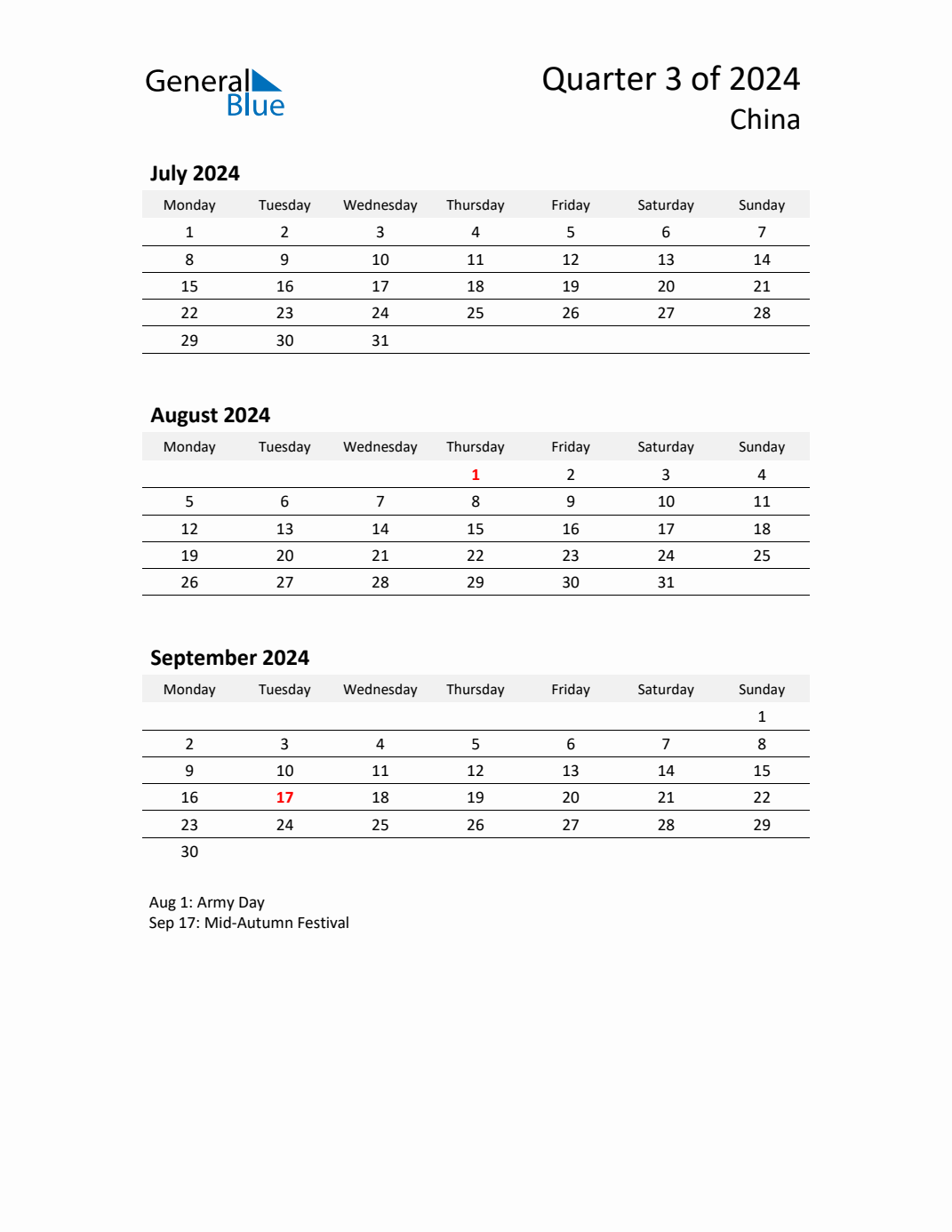 Q3 2024 Monday Start Quarterly Calendar with China Holidays