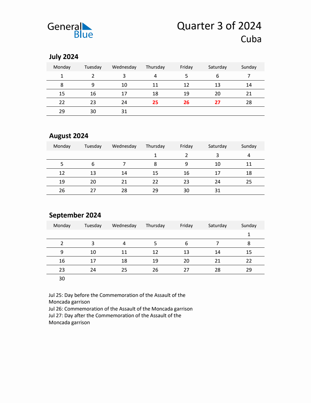 Threemonth calendar for Cuba Q3 of 2024