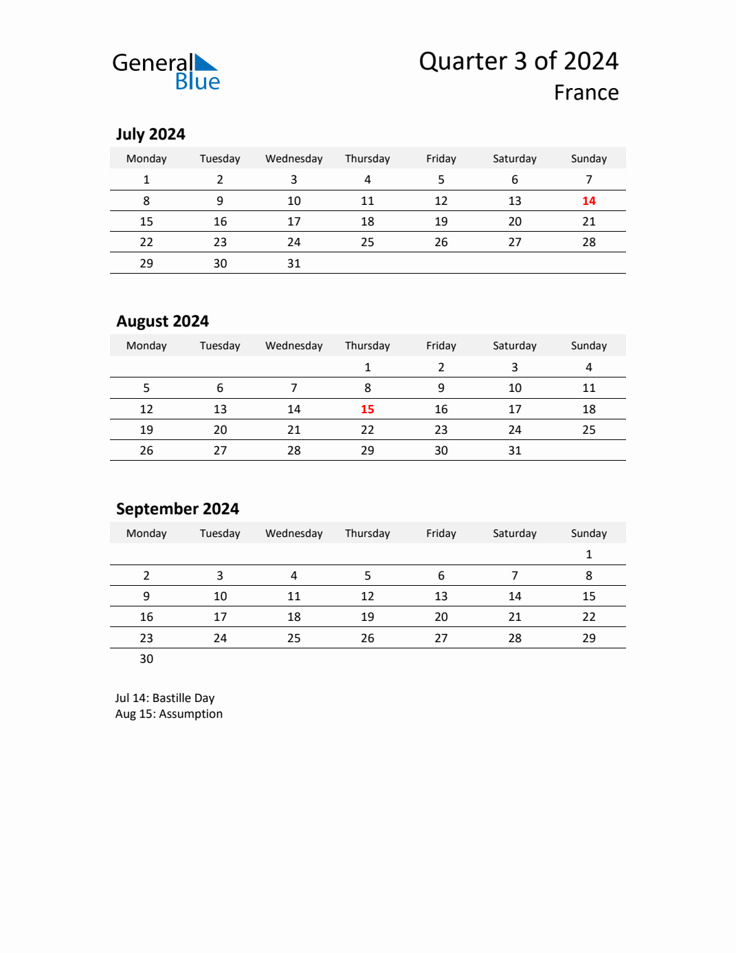 Q3 2024 Monday Start Quarterly Calendar with France Holidays