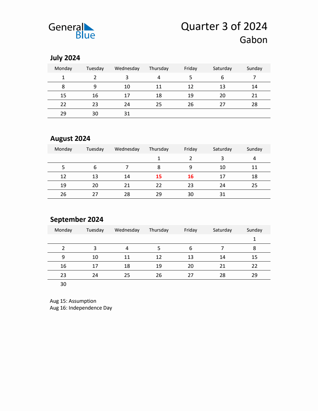 Q3 2024 Monday Start Quarterly Calendar with Gabon Holidays