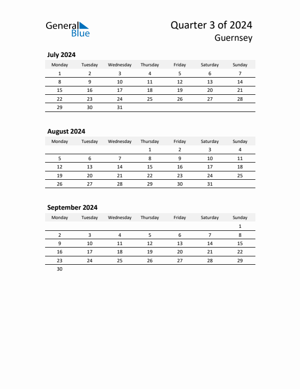 2024 Three-Month Calendar for Guernsey
