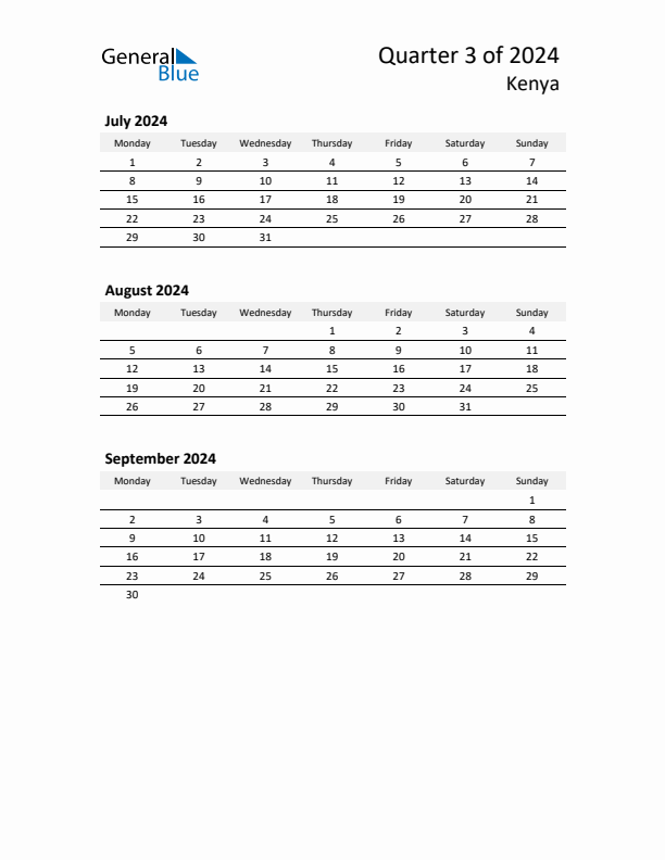 2024 Three-Month Calendar for Kenya