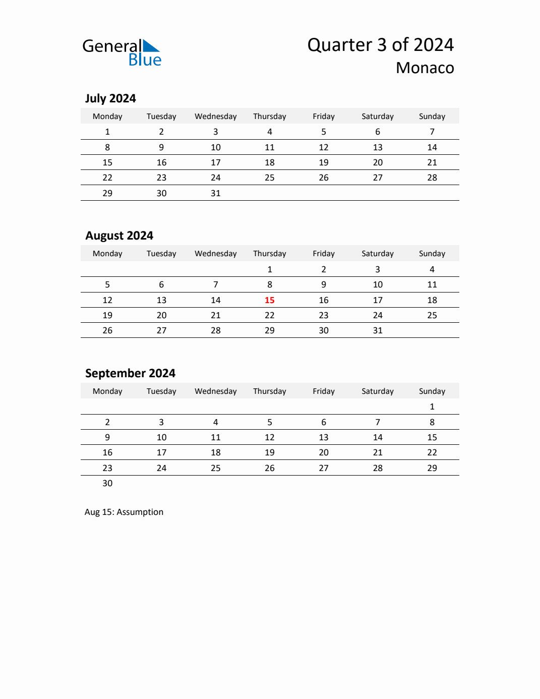 Q3 2024 Monday Start Quarterly Calendar with Monaco Holidays