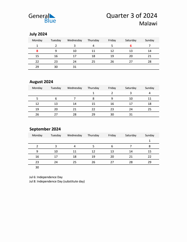 2024 Three-Month Calendar for Malawi