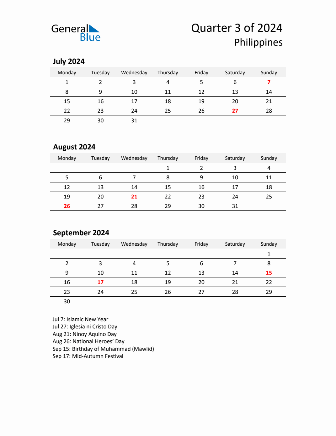 Q3 2024 Monday Start Quarterly Calendar with Philippines Holidays