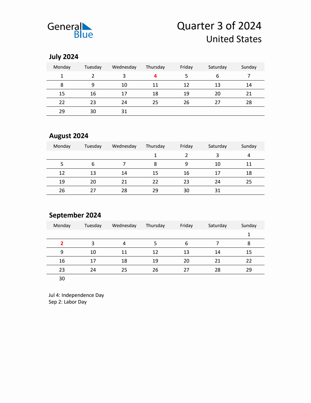 Q3 2024 Monday Start Quarterly Calendar with United States Holidays