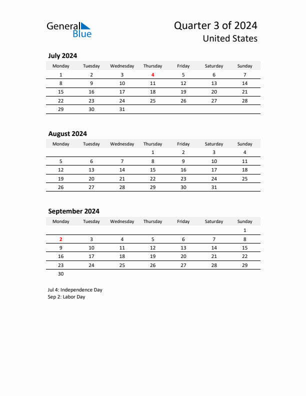 Threemonth calendar for United States Q3 of 2024