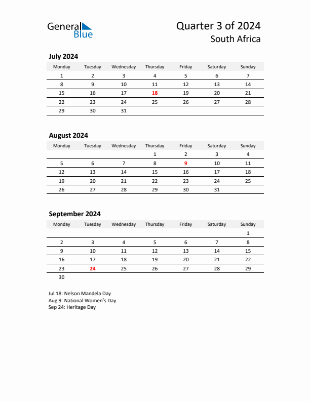 Q3 2024 Monday Start Quarterly Calendar with South Africa Holidays