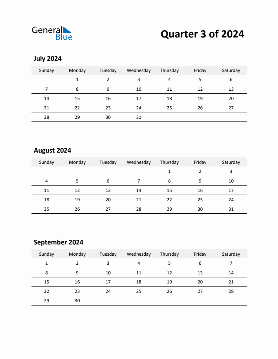 2024 Q3 ThreeMonth Calendar (July, August, and September)