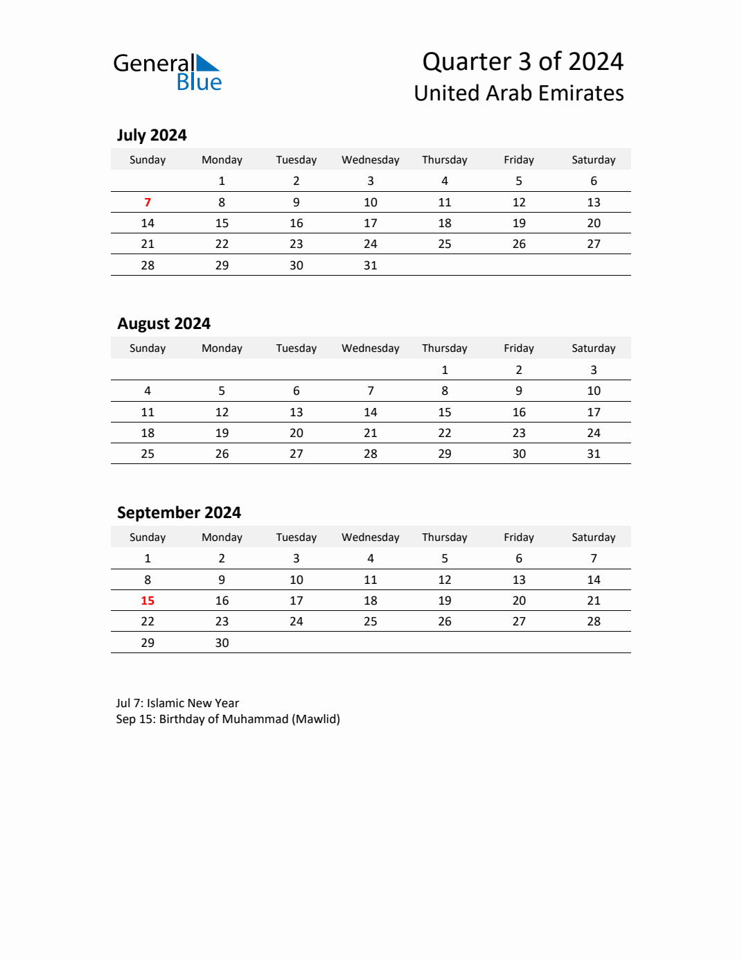 Q3 2024 Quarterly Calendar with United Arab Emirates Holidays (PDF