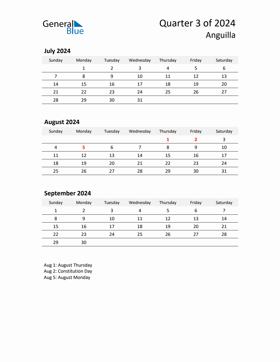Q3 2024 Quarterly Calendar with Anguilla Holidays (PDF, Excel, Word)
